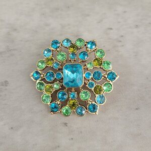 LC Liz Claiborne Vintage Blue Green Flower Rhinestone Brooch Signed MCM Jewelry